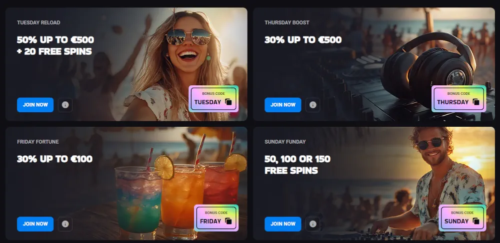 Luckyvibe kampanjegrid som viser ulike innskudds- og reloadbonuser